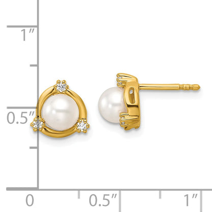 14k Yellow Gold 1/10 Ct. Lab Grown Diamond VS/SI+ G+ and 5.50 mm Round Freshwater Cultured Pearl Post Earrings
