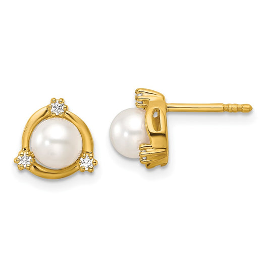 14k Yellow Gold 1/10 Ct. Lab Grown Diamond VS/SI+ G+ and 5.50 mm Round Freshwater Cultured Pearl Post Earrings