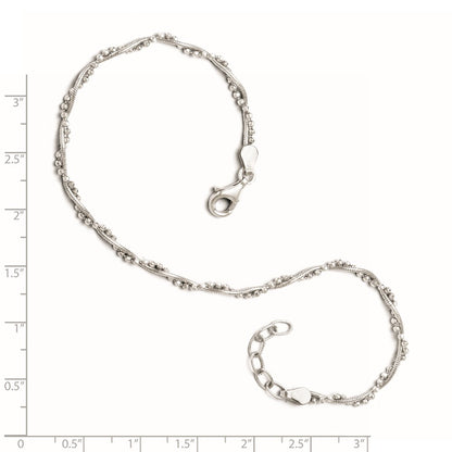 Sterling Silver Rhodium-Plated Twisted Bead 9In + 1In Ext. Anklet