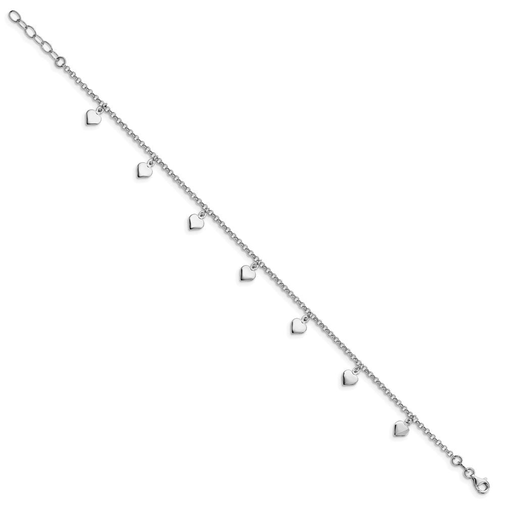 Sterling Silver Rhodium-Plated Hearts 9In Plus 1In Ext. Anklet