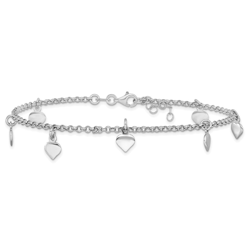 Sterling Silver Rhodium-Plated Hearts 9In Plus 1In Ext. Anklet
