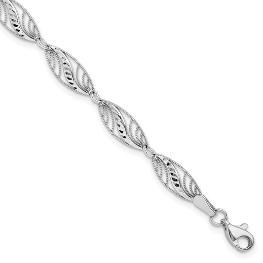 14K White Gold Filigree Diamond Cut 7.25 Inch Bracelet