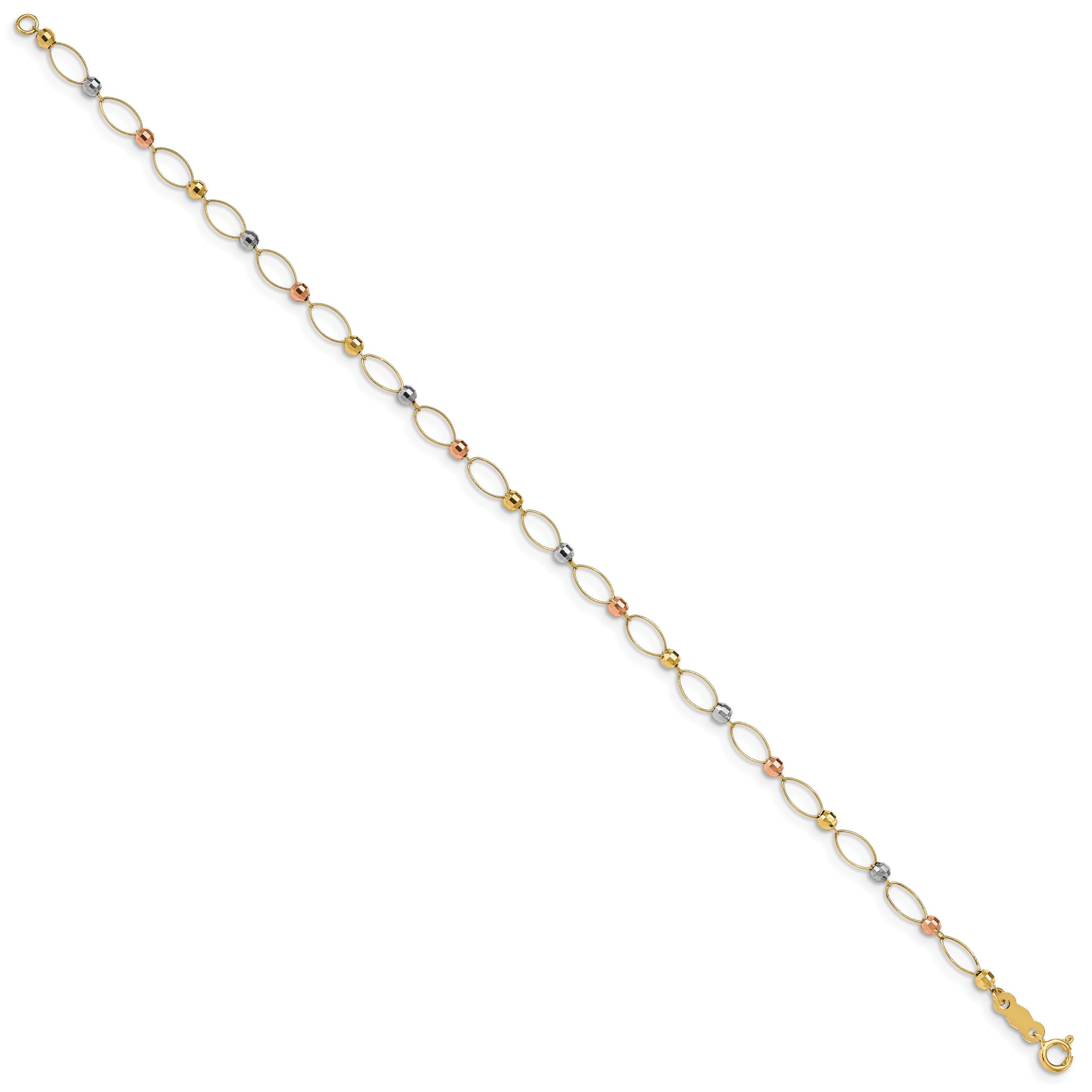 7.5 Inch 14K Tri-Color Oval Link Mirror Beads Bracelet