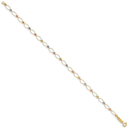 7.5 Inch 14K Tri-Color Oval Link Mirror Beads Bracelet