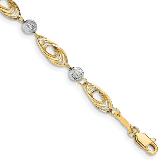 7.25 Inch 14K Gold Two-Tone Oval Links With Diamond Cut Beads Bracelet