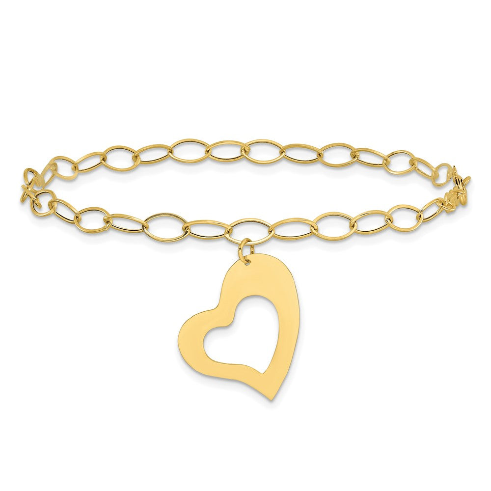 14K Yellow Gold Oval Link Open Chain With Heart Bracelet