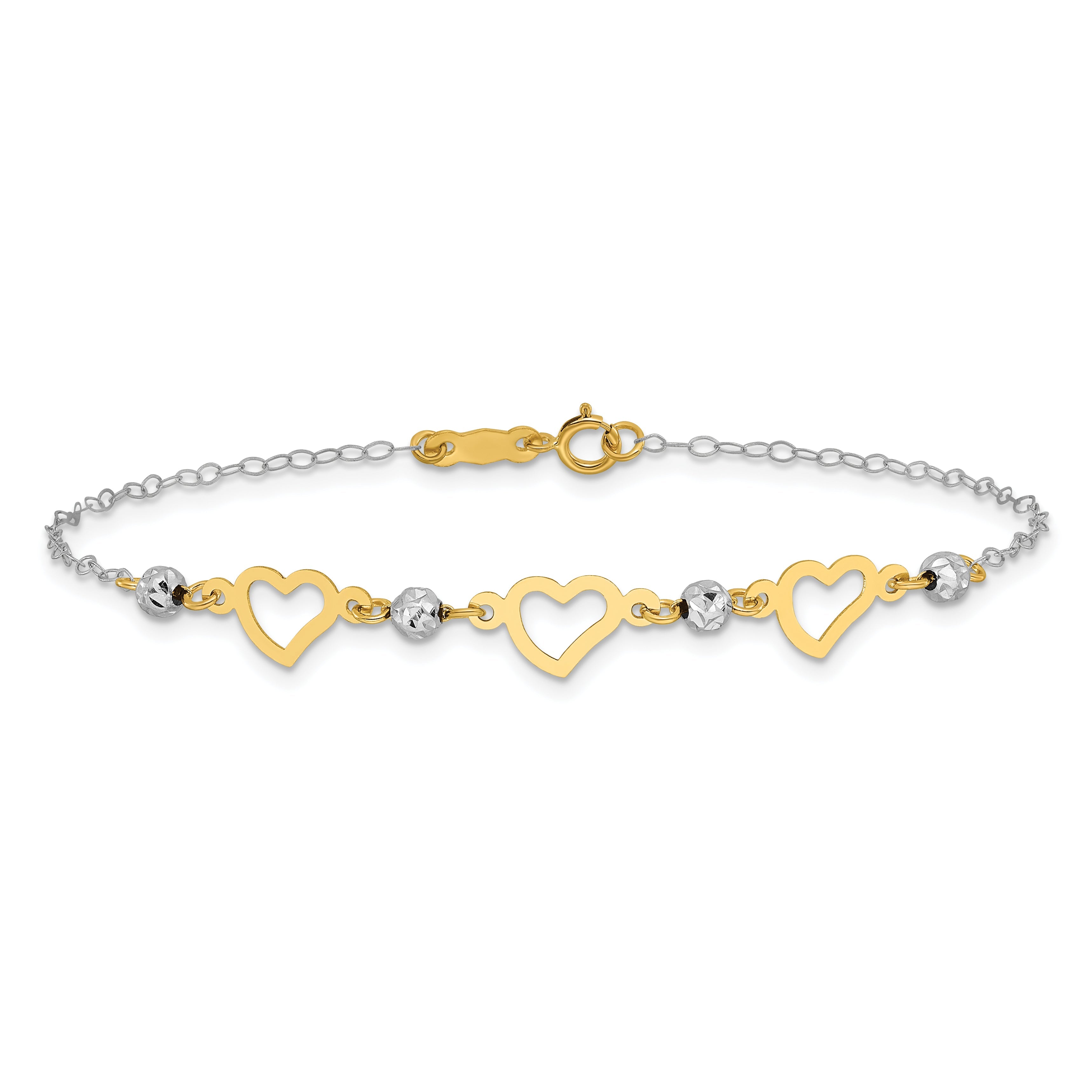 7.5 Inch 14K Two-Tone Oval Link Diamond Cut Beads And Heart Bracelet