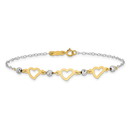7.5 Inch 14K Two-Tone Oval Link Diamond Cut Beads And Heart Bracelet