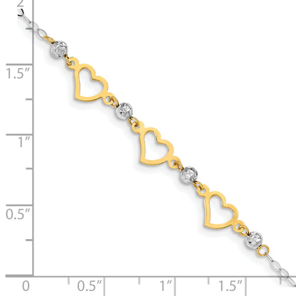 7.5 Inch 14K Two-Tone Oval Link Diamond Cut Beads And Heart Bracelet