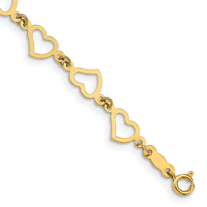 7.5 Inch 14K Flat Open Hearts Bracelet