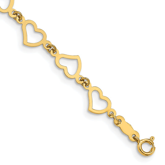 7.5 Inch 14K Flat Open Hearts Bracelet