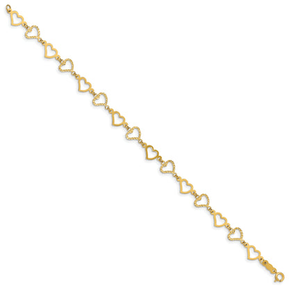 7.25 Inch 14K Flat Diamond Cut Open Hearts Bracelet