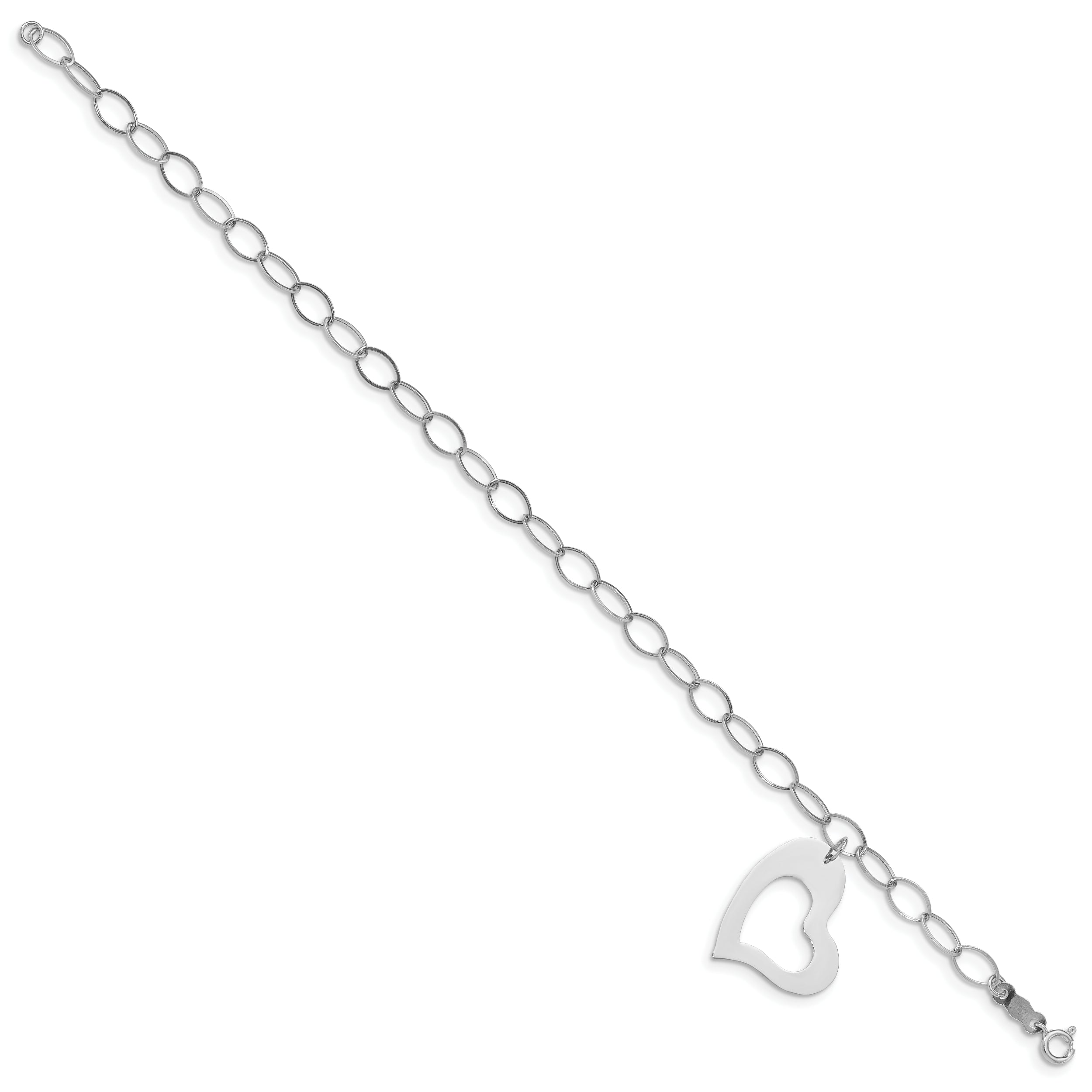 7.25 Inch 14K White Gold Polished Dangle Heart Bracelet