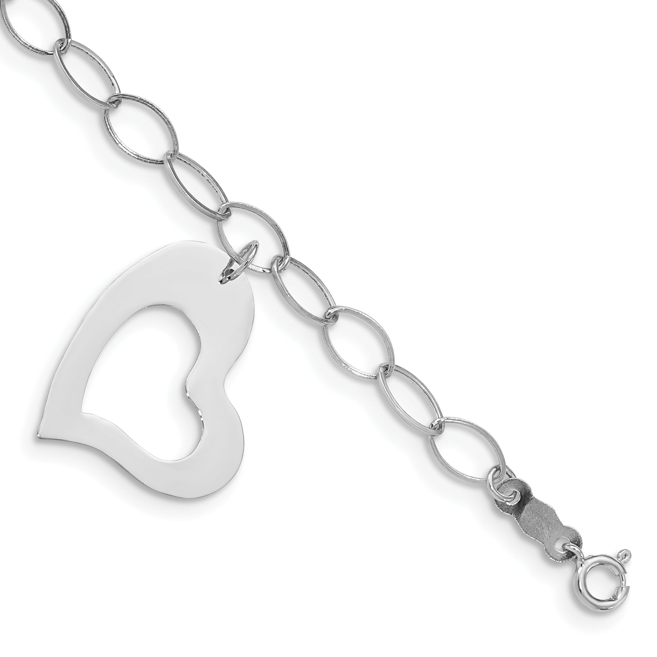 7.25 Inch 14K White Gold Polished Dangle Heart Bracelet