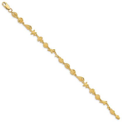 7.25 Inch 14K Gold Polished And Textured Sea Life Bracelet