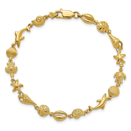 7.25 Inch 14K Gold Polished And Textured Sea Life Bracelet