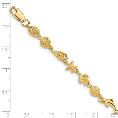 7.25 Inch 14K Gold Polished And Textured Sea Life Bracelet
