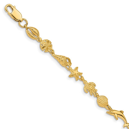 7.25 Inch 14K Gold Polished And Textured Sea Life Bracelet