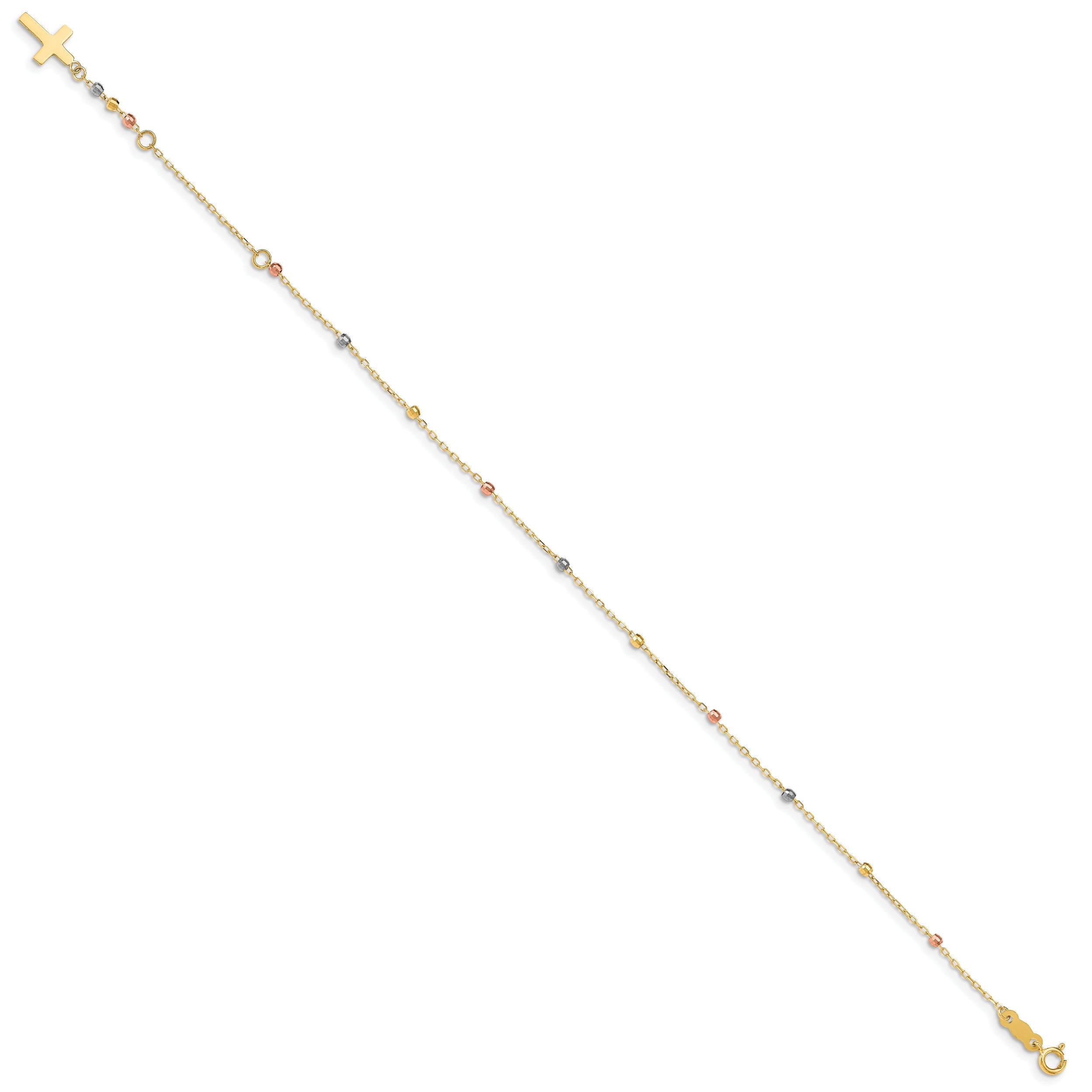7 Inch 14K Tri Colored Gold Diamond Cut Beaded Cross W/1 In Ext Bracelet