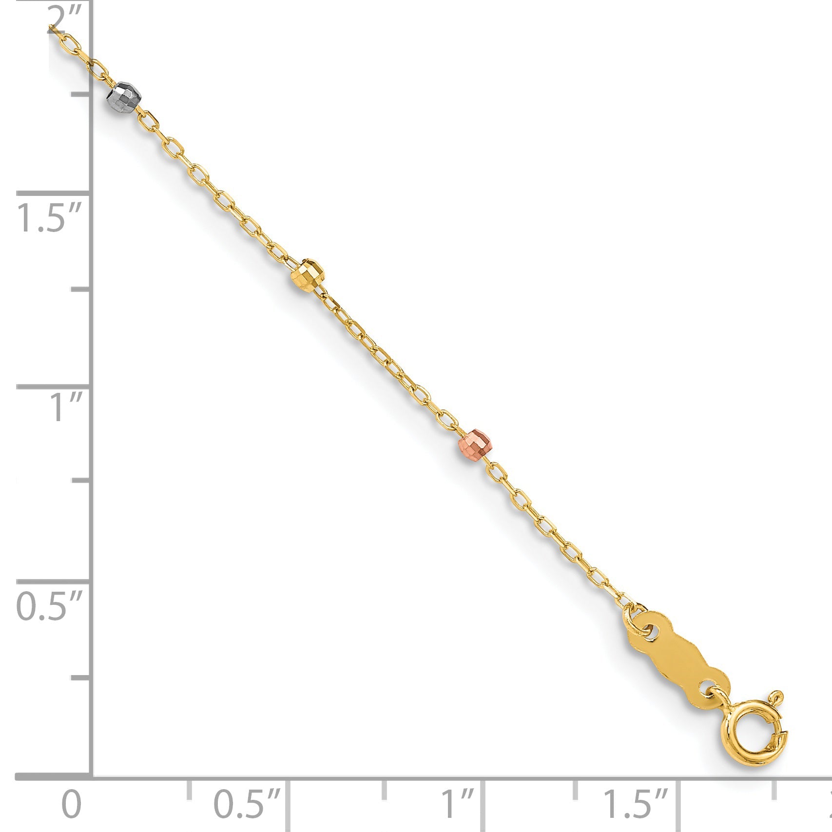 7 Inch 14K Tri Colored Gold Diamond Cut Beaded Cross W/1 In Ext Bracelet