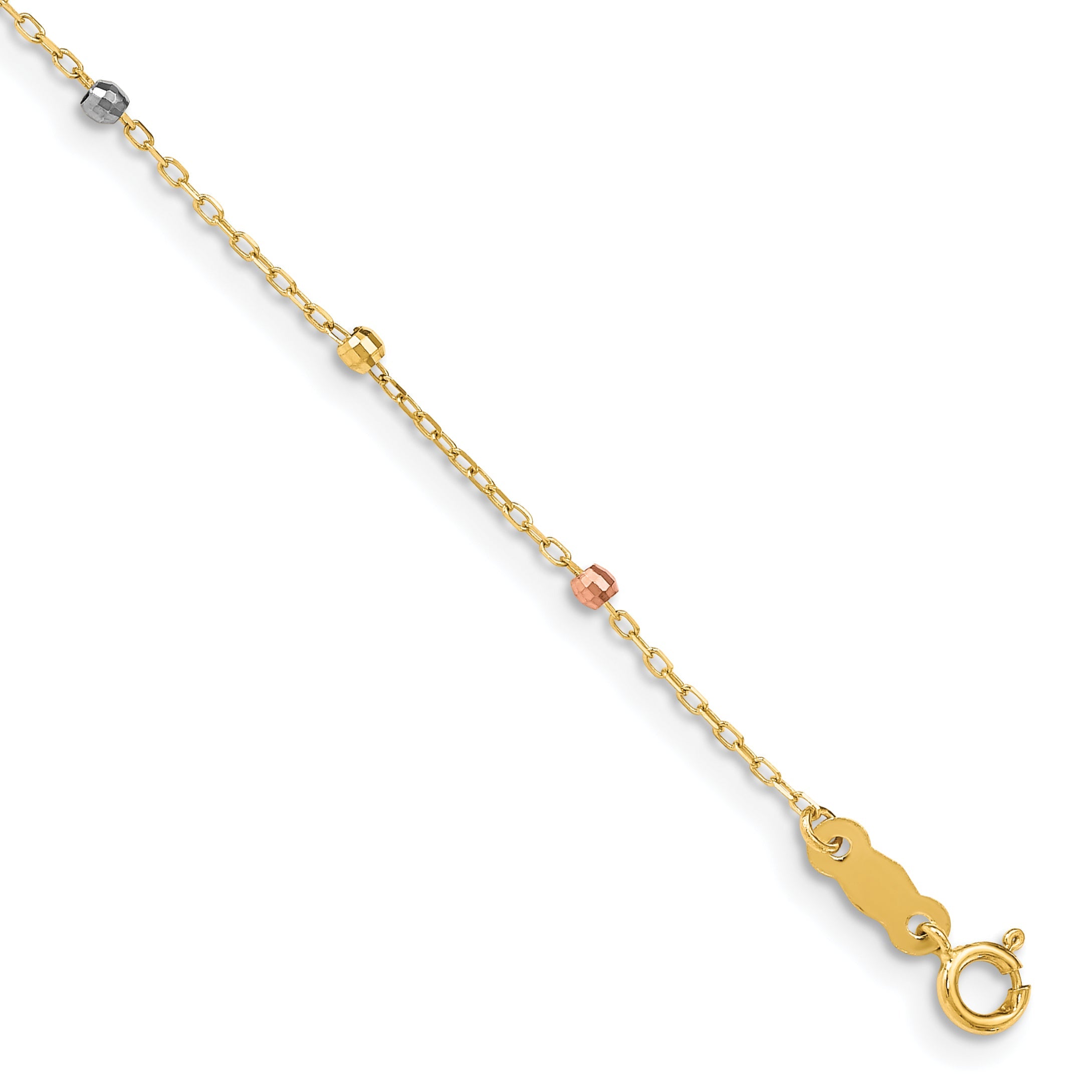 7 Inch 14K Tri Colored Gold Diamond Cut Beaded Cross W/1 In Ext Bracelet