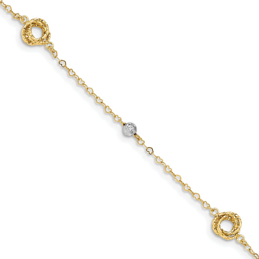 7.5 Inch 14K Two-Tone Love Knots On Small Heart Link Bracelet