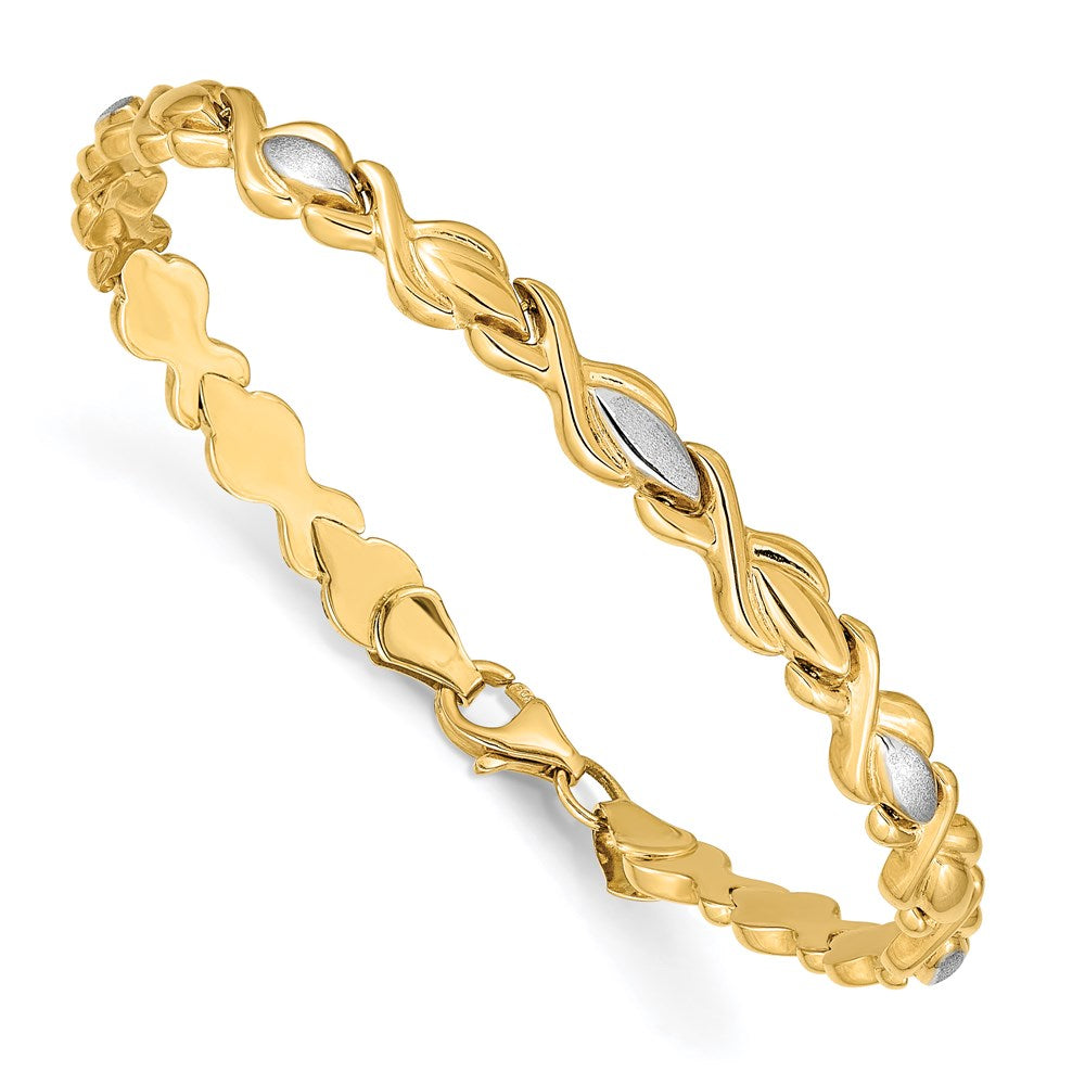 7.25 Inch 14K Polished W/Satin Rhodium Link Bracelet