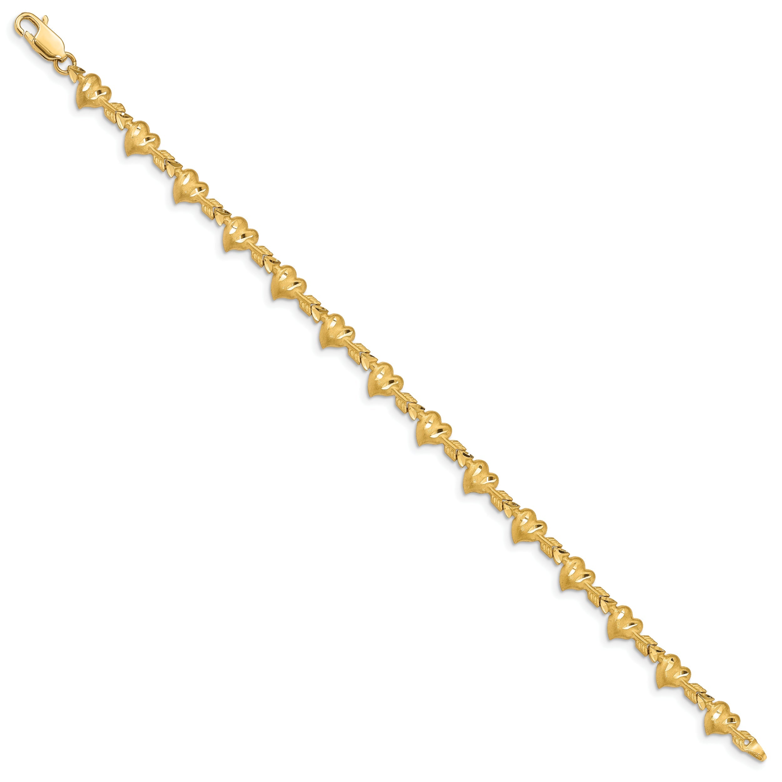 14K Yellow Gold Satin Diamond-Cut Heart With Arrow 7 Inch Bracelet