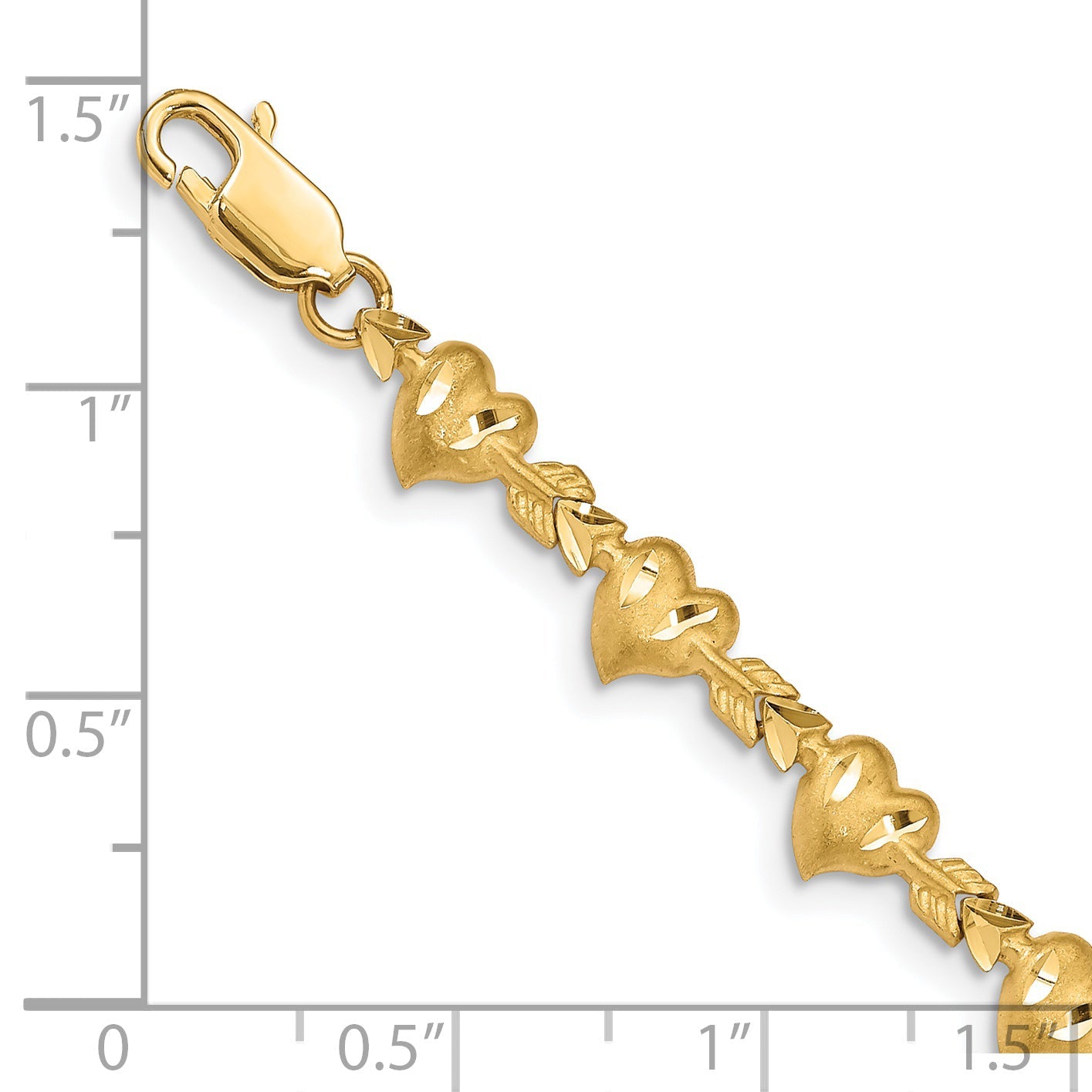 14K Yellow Gold Satin Diamond-Cut Heart With Arrow 7 Inch Bracelet