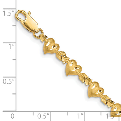 14K Yellow Gold Satin Diamond-Cut Heart With Arrow 7 Inch Bracelet