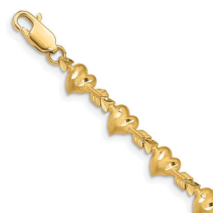 14K Yellow Gold Satin Diamond-Cut Heart With Arrow 7 Inch Bracelet