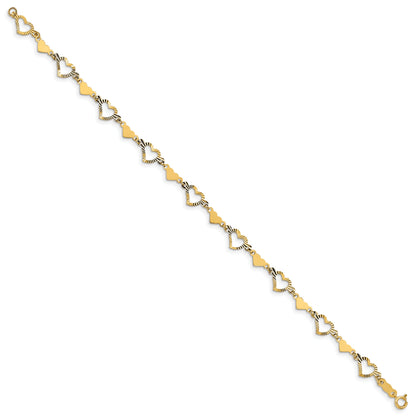 7.5 Inch 14K Polished Diamond-Cut Open & Stamp Heart Bracelet