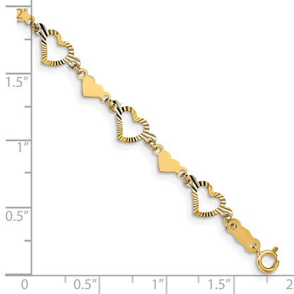 7.5 Inch 14K Polished Diamond-Cut Open & Stamp Heart Bracelet