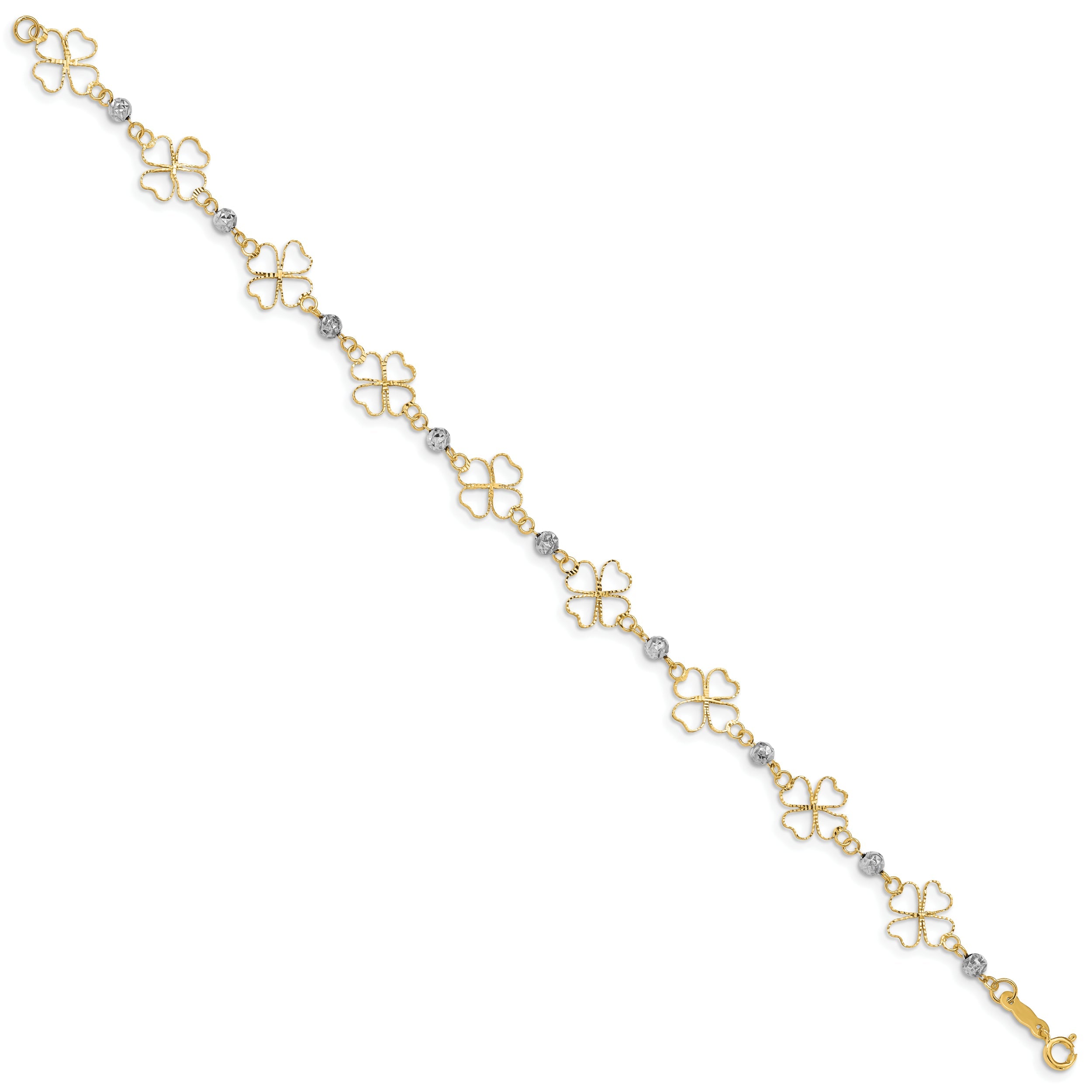 7.5 Inch 14K Two-Tone Diamond-Cut Open Clovers & Beads Bracelet