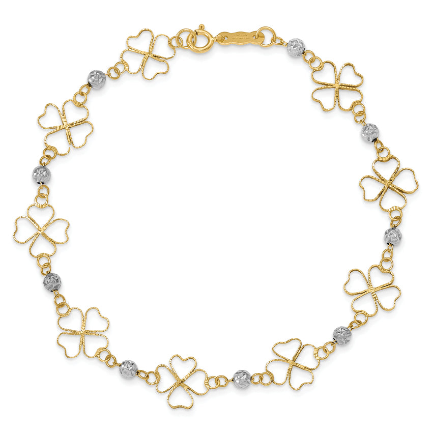 7.5 Inch 14K Two-Tone Diamond-Cut Open Clovers & Beads Bracelet