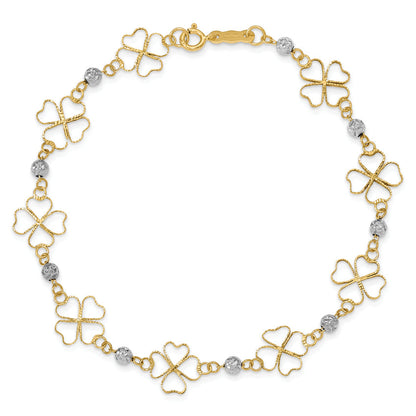 7.5 Inch 14K Two-Tone Diamond-Cut Open Clovers & Beads Bracelet