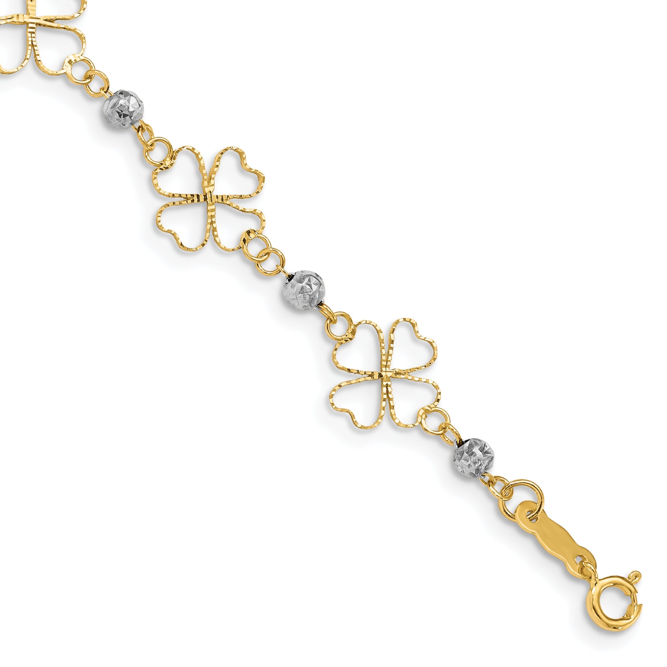 7.5 Inch 14K Two-Tone Diamond-Cut Open Clovers & Beads Bracelet