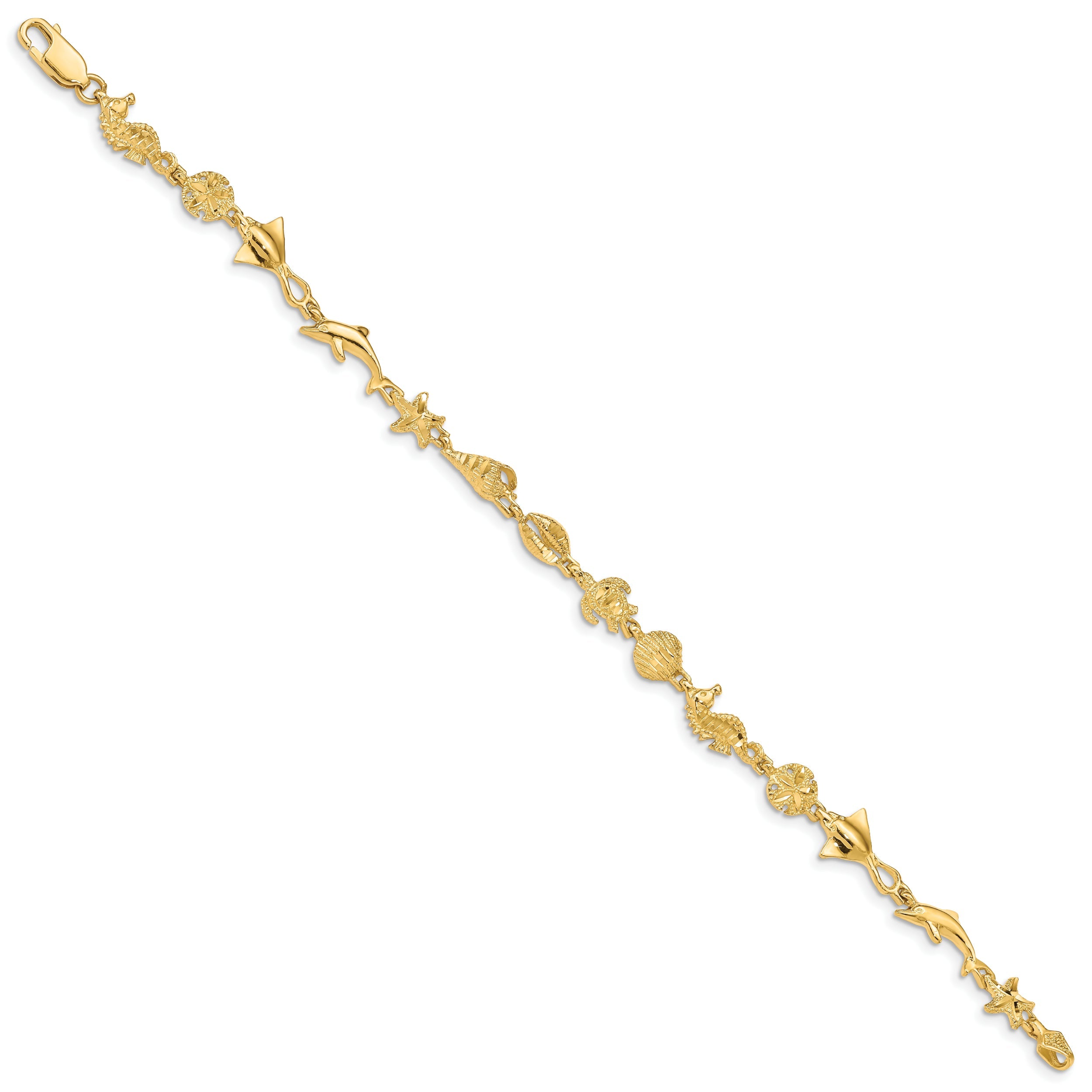 14K Yellow Gold Polished And Textured Ocean Motif 7 Inch Bracelet