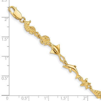 14K Yellow Gold Polished And Textured Ocean Motif 7 Inch Bracelet