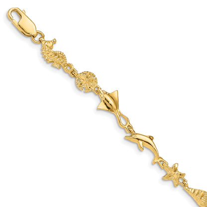14K Yellow Gold Polished And Textured Ocean Motif 7 Inch Bracelet