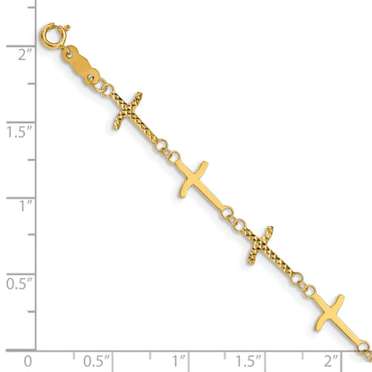 7 Inch 14K Polished Diamond-Cut Crosses W/1In. Ext. Bracelet