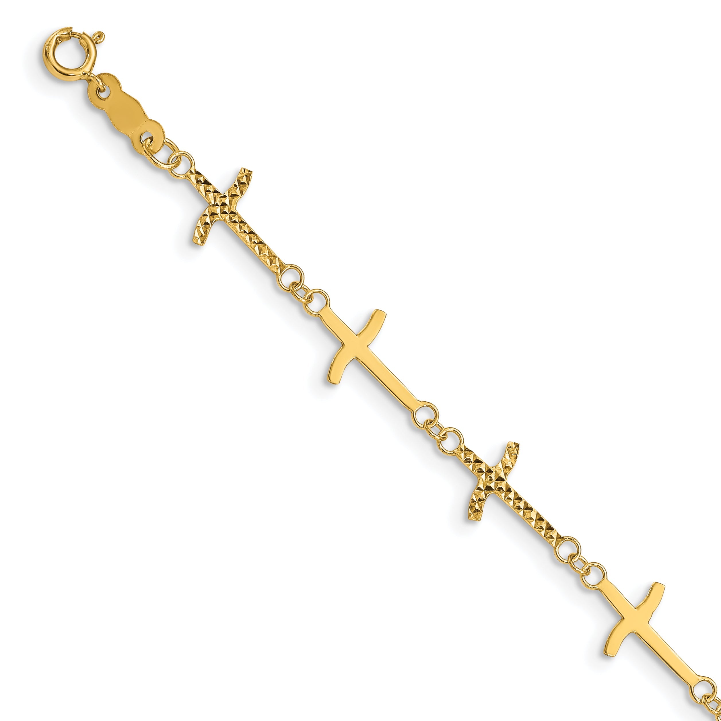7 Inch 14K Polished Diamond-Cut Crosses W/1In. Ext. Bracelet