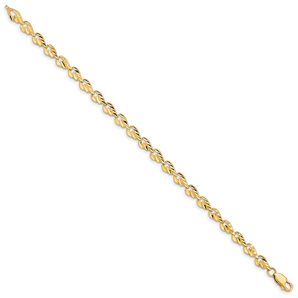 14K Yellow Gold Polished Diamond-Cut Leaf 7 Inch Bracelet