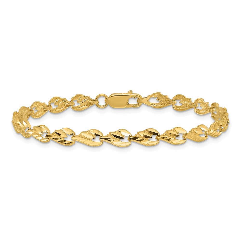 14K Yellow Gold Polished Diamond-Cut Leaf 7 Inch Bracelet