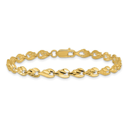 14K Yellow Gold Polished Diamond-Cut Leaf 7 Inch Bracelet