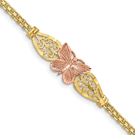 7 Inch 14K Two-Tone Polished & D/C Butterfly Bracelet