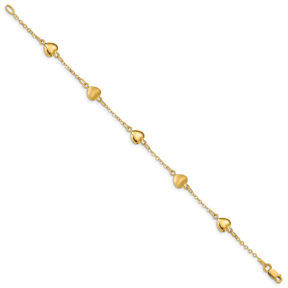14K Yellow Gold Brushed & Polished Hearts 7 Inch Bracelet