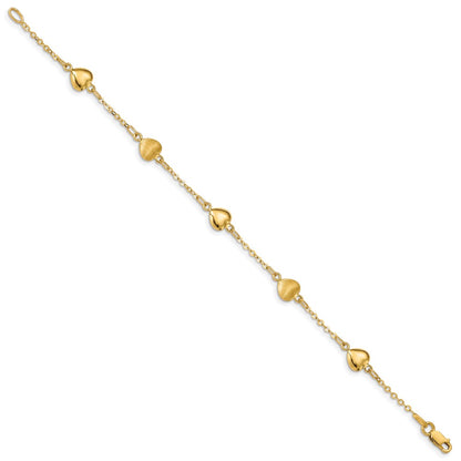14K Yellow Gold Brushed & Polished Hearts 7 Inch Bracelet