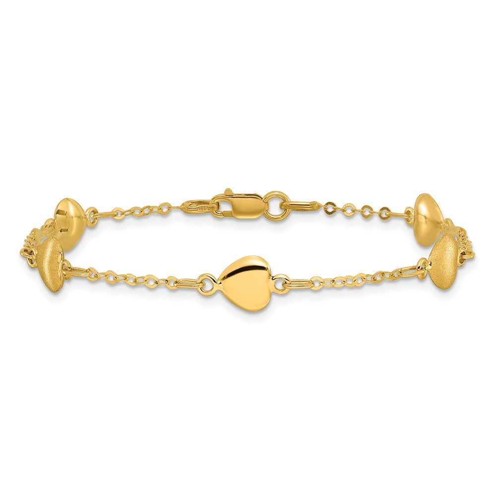 14K Yellow Gold Brushed & Polished Hearts 7 Inch Bracelet
