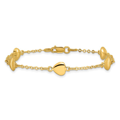 14K Yellow Gold Brushed & Polished Hearts 7 Inch Bracelet